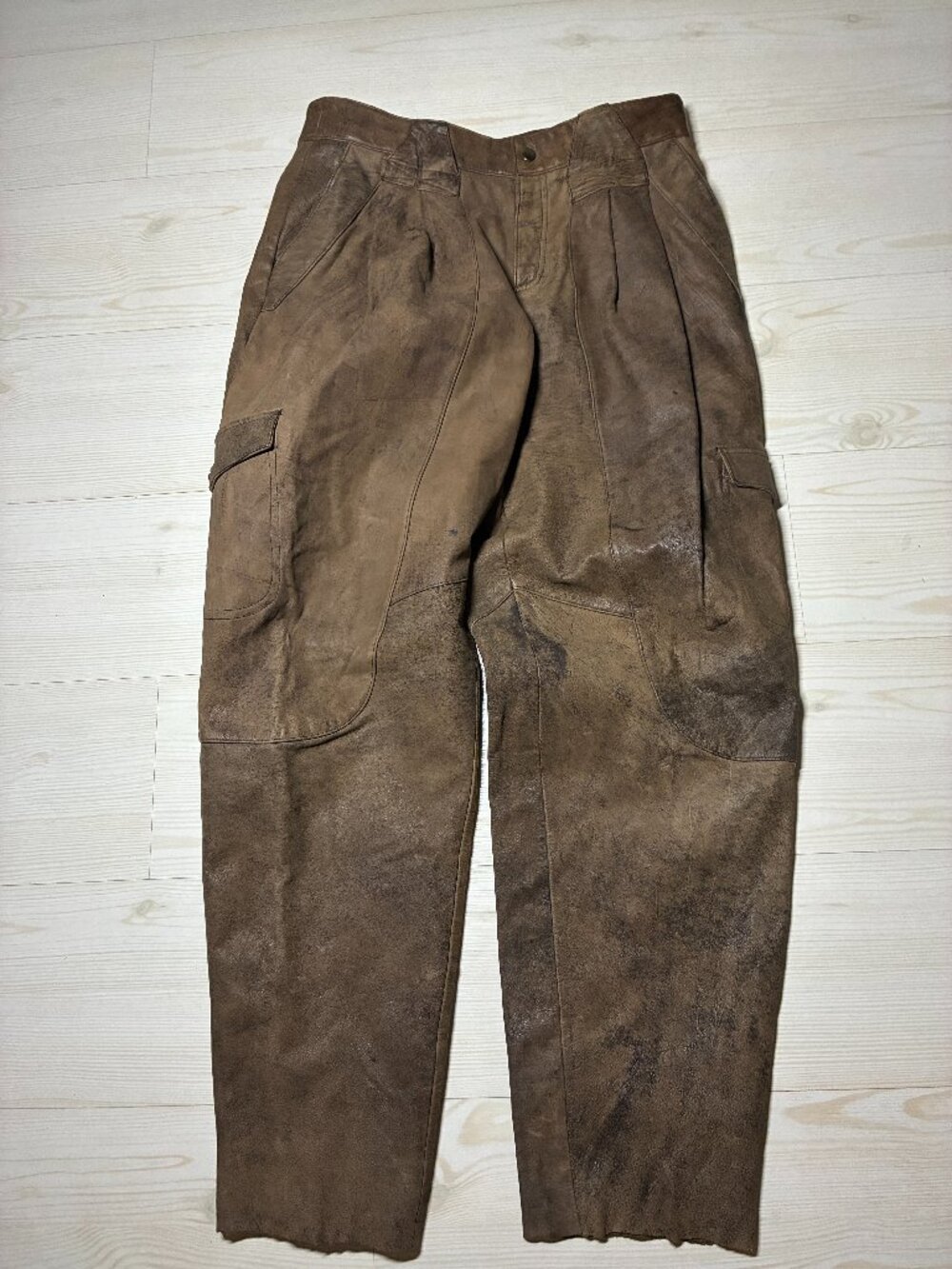 Vintage Tannery West Brown Leather Cargo Pants Men's 34 Black Marbling Patina